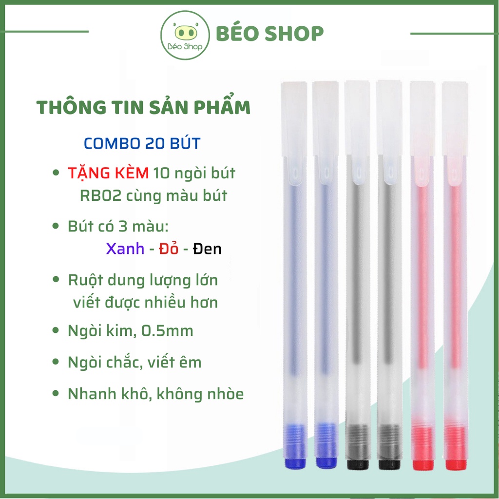 Bút bi gel 0.5mm Béo shop bút bi nước nắp cài ngòi kim 13cm mực ra đều màu Đen Đỏ Xanh dùng cho học sinh , văn phòng B27