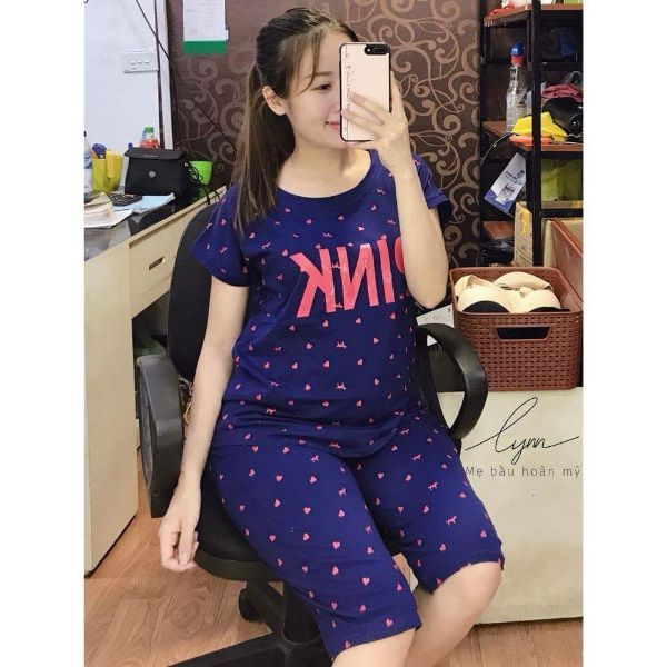 Bộ đồ bầu thời trang kết hợp mặc sau sinh pink chất cototng siêu mềm mịn-free size 43-70kg