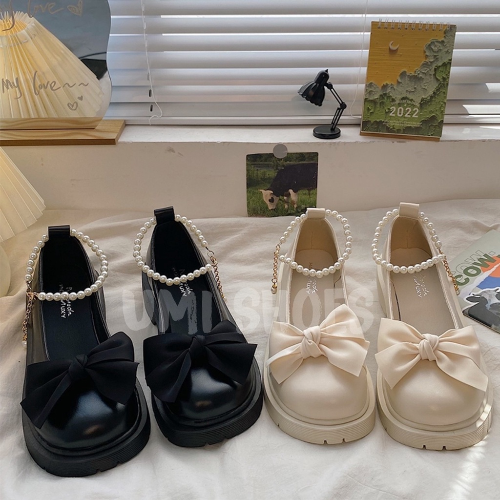 HOT NOWSHIP Giày Lolita Nữ Mary Quai Ngọc Hột Soàn Cài Thời Trang Phối Nơ Màu Đen/Kem Hot Mới Học Sinh Đi Chơi Xinh Đẹp