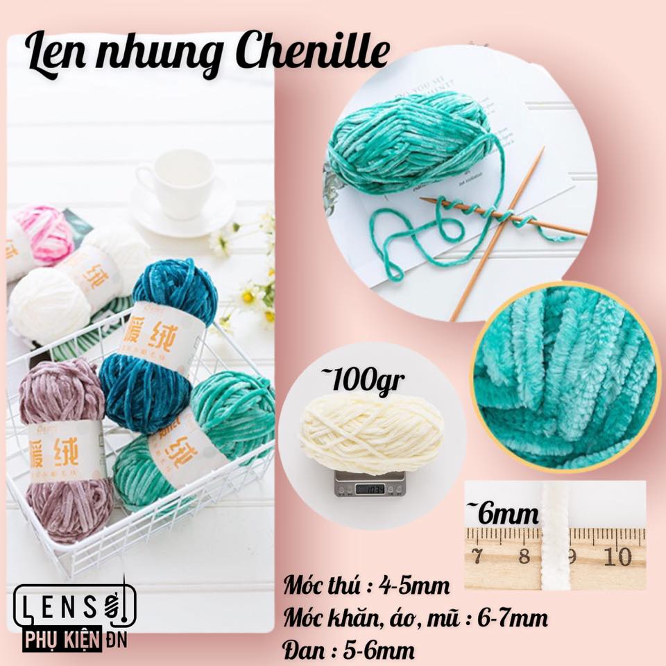 Len nhung Chenille mềm mịn nhẹ 100gr - Mã màu 01 - 21