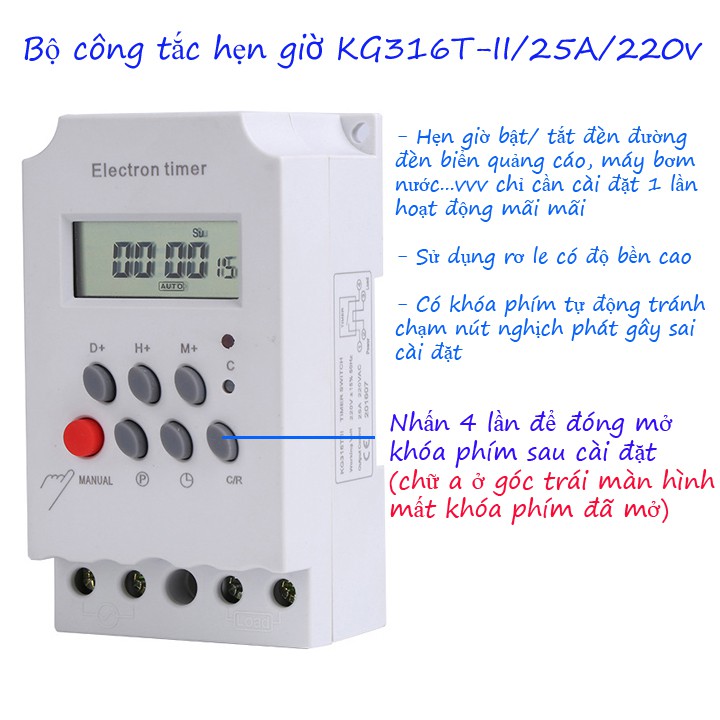 Công tắc hẹn giờ kg316 t-ii, công suất 25a 16 chương trình