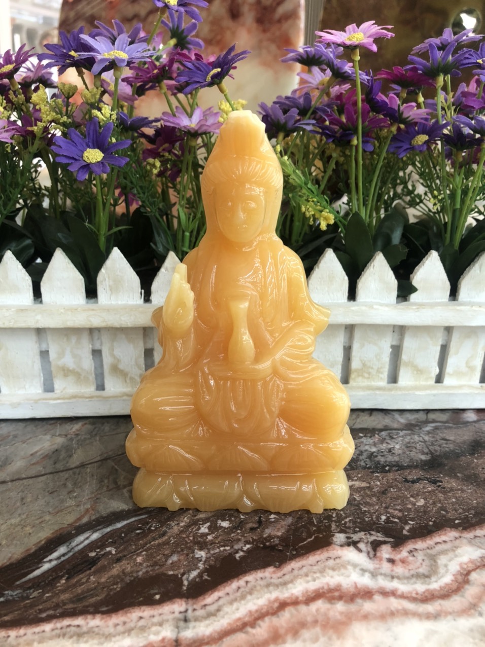 Tượng Phật Bà Quan Thế Âm Bồ Tát ngồi đài sen cầu bình an đá ngọc hoàng long - Cao 15 cm