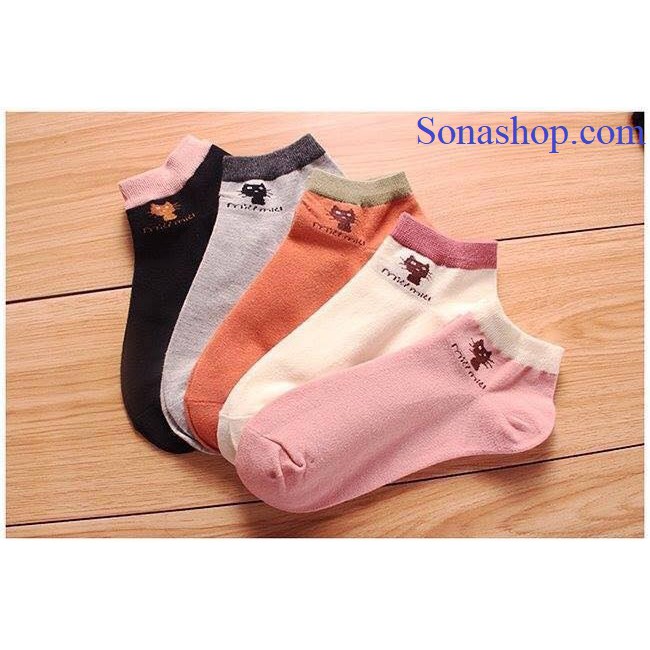 combo 5 đôi tất mèo cổ ngắn trộn màu.