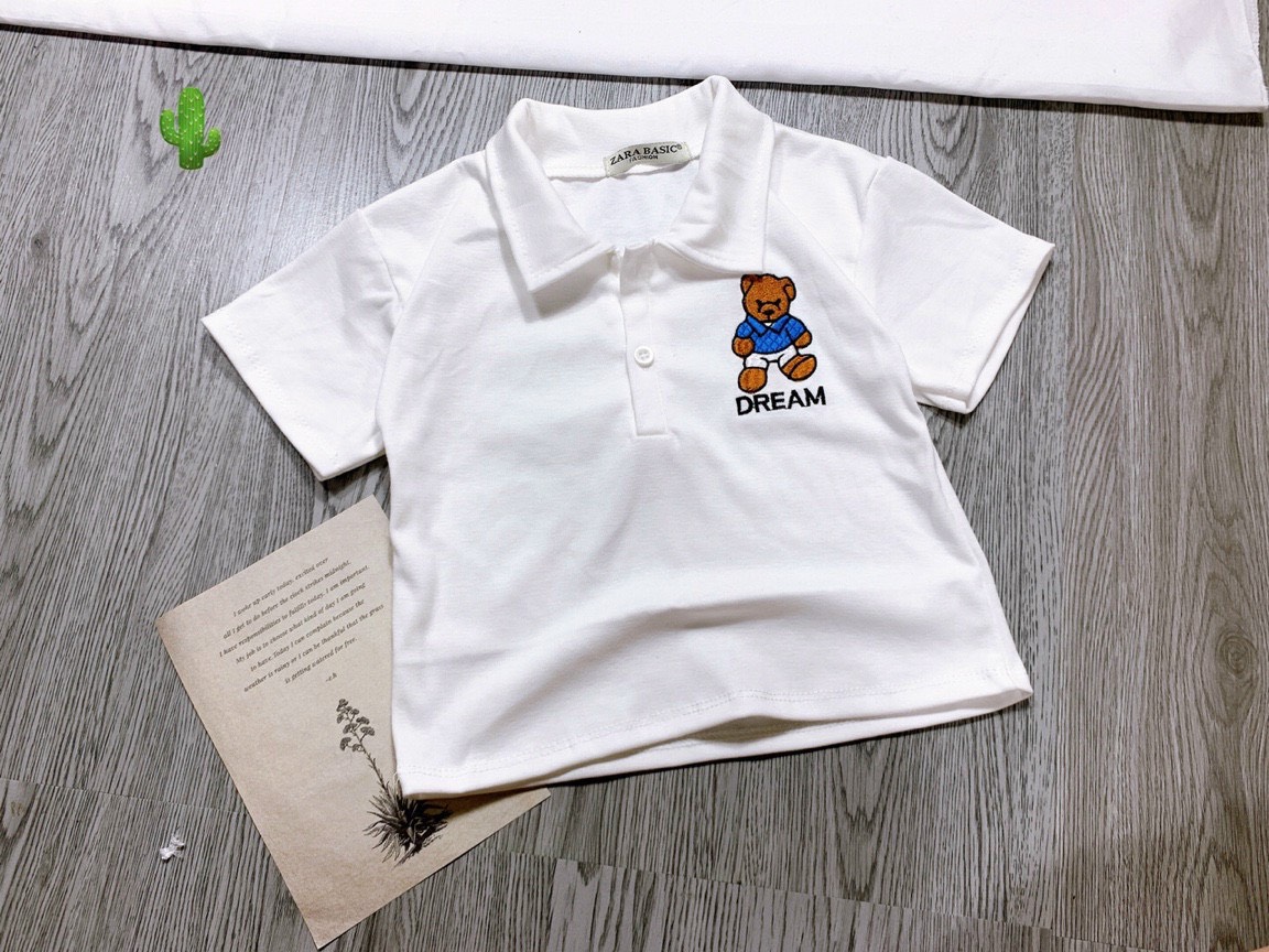 Áo thun croptop cổ bẻ thêu hình gấu dream trên ngực ttpk0032