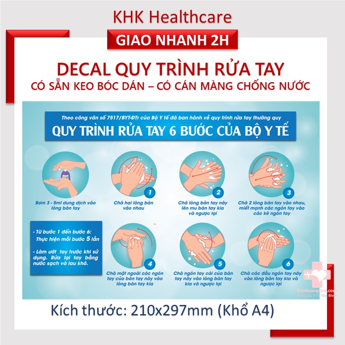 Quy trình rửa tay thường quy 6 bước theo tiêu chuẩn Bộ Y Tế khổ A4 dạng decal dán tường