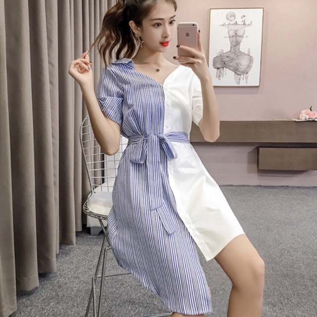Đầm sơ mi phối sọc lệch tà