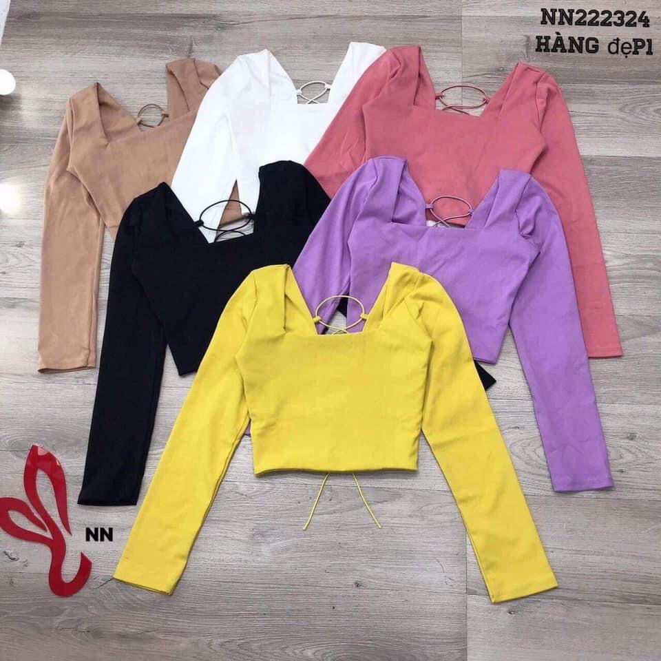 Áo Thun Tay Dài Đan Dây Sau Lưng, Áo Croptop Cổ Vuông Tay Dài, Áo Croptop Đan Dây Sau Lưng Thun Borip TT08