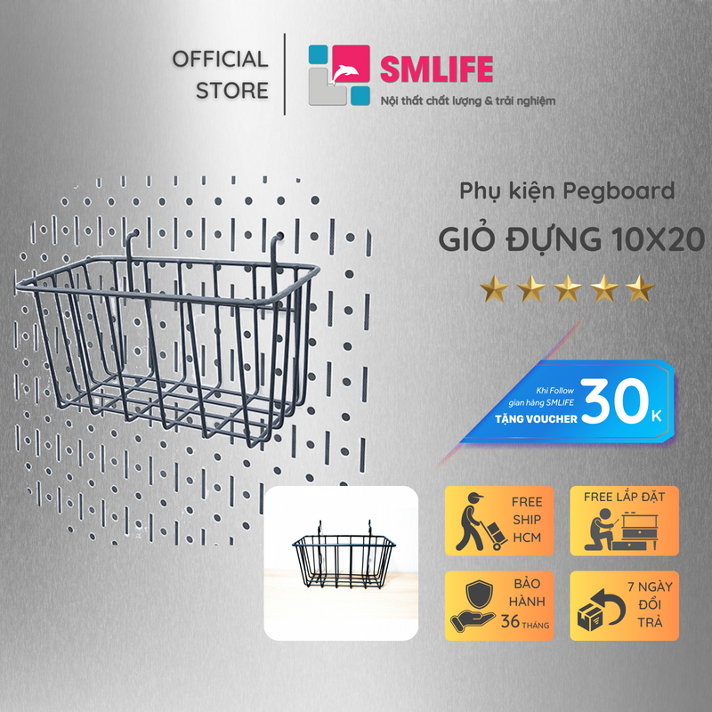 Giỏ đựng Pegboard 10x20cm - Làm bằng thép que, bọc nhựa hiện đại - Phụ kiện móc treo dụng cụ Pegboard