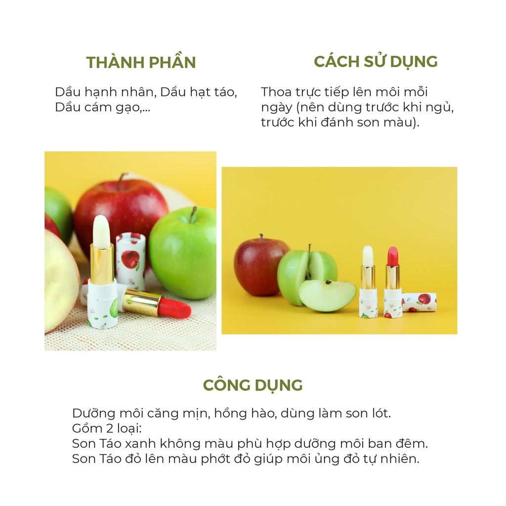 Son Dưỡng Môi - Son Dưỡng Táo Hữu Cơ Cỏ Mềm - Son Dưỡng Thuần Chay Bảo Vệ Môi Trường - Son Dưỡng Thiên Nhiên An Toàn