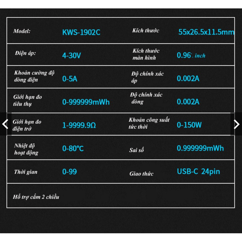 USB tester cổng Type-C KWS-1902c đo dòng điện màn hình OLED