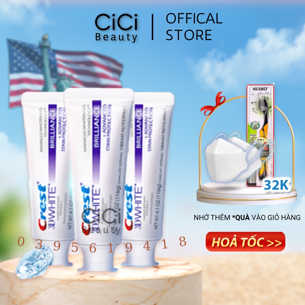 [Nhập RAISINGSTAR18, giảm 30k cho đơn 99k]Combo 3 tuýp kem đánh răng crest 3D White Brilliance - 3 pack