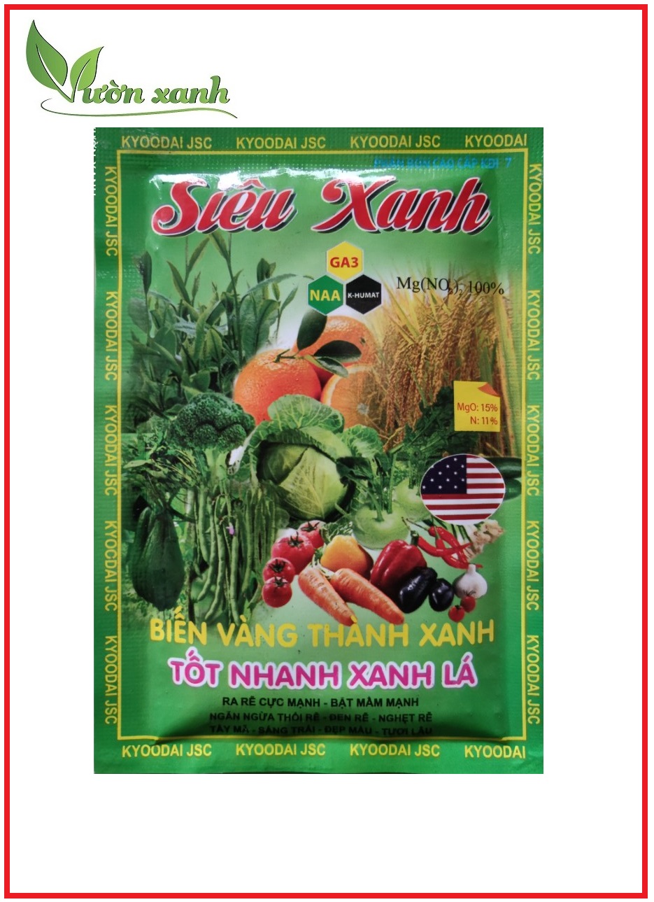 Phân bón lá chuyên dưỡng mầm Siêu Xanh 50gr cung cấp nguyên tố Magie giúp lá xanh, tăng diệp lục tố, mầm khỏe