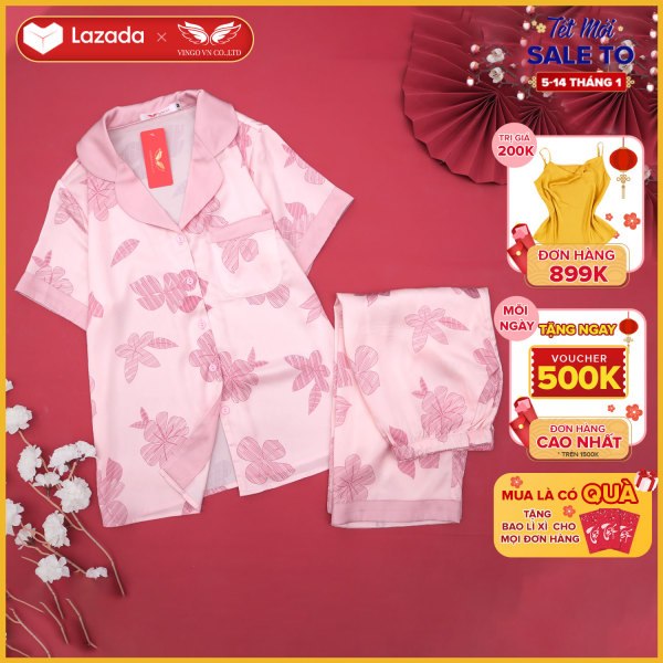 Nơi bán Đồ bộ nữ mặc nhà Pijama Vingo lụa Pháp tay ngắn quần lửng hoa hồng màu hồng trang nhã H632 VNGO TCQL