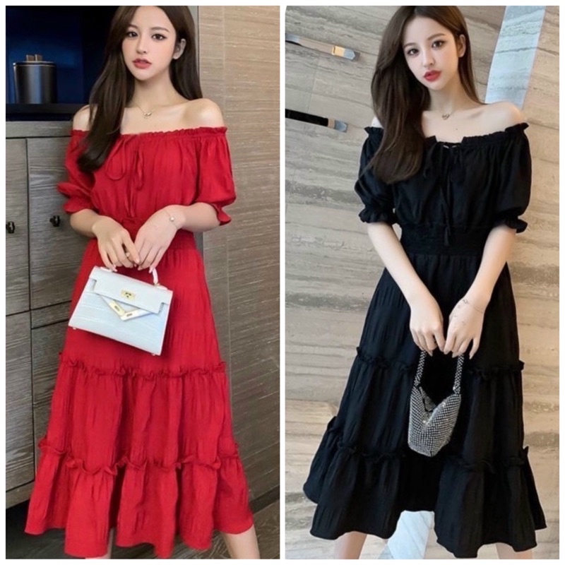 Đầm tầng trễ vai 2 màu