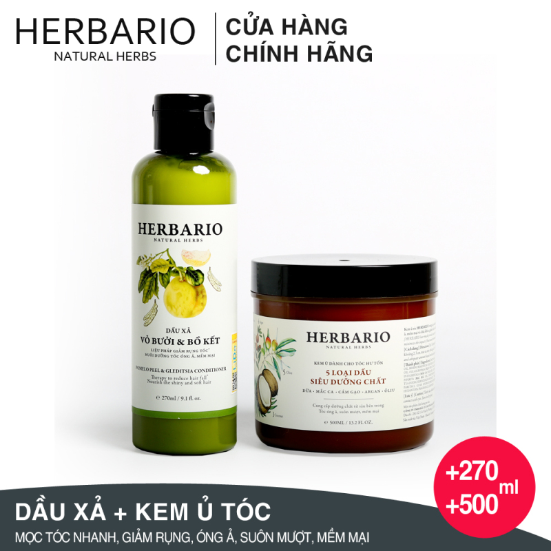 Bộ Dầu xả Bưởi và bồ kết 270ml + Kem ủ tóc Herbario 500ml