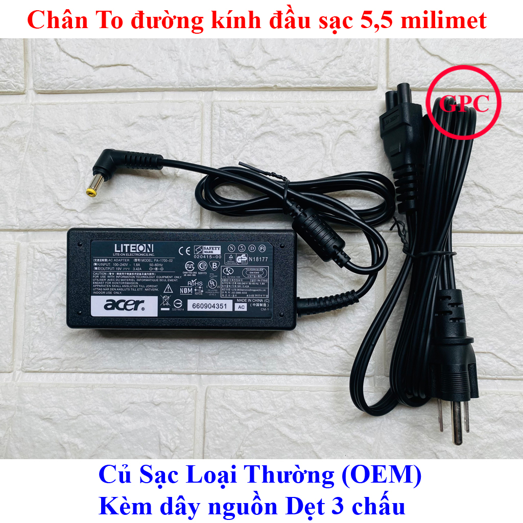 Sạc Laptop Acer 4738, 4739, 4349, 4741, 4736, 4810T, 5830, E1-431, 4750, 4752, E1-471, D725, D255, D525, 4732, V5-431, V5-471 Output 19V 3.42A (65W) chân To 5.5x1.7mm - đường kính đầu sạc 5.5mm