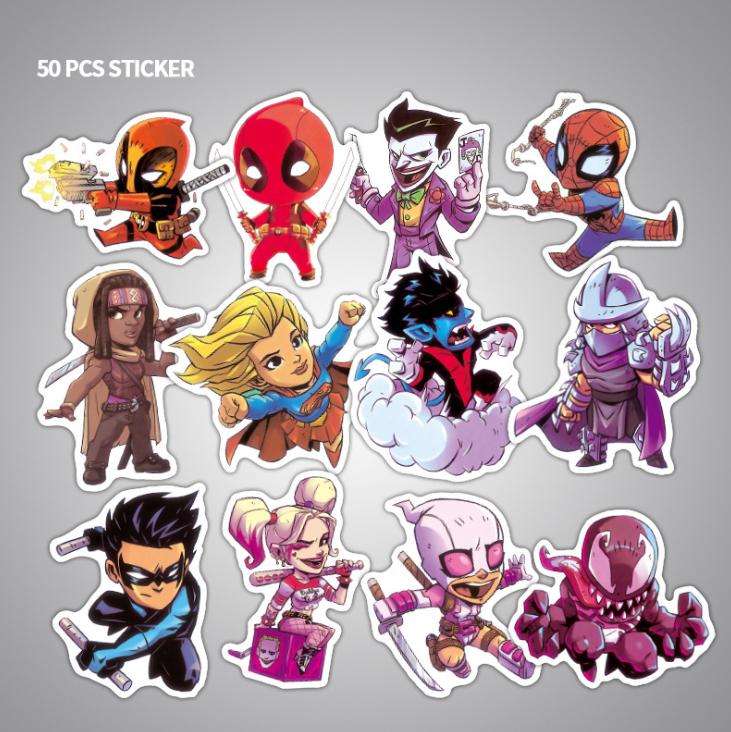 Combo 50 Sticker MARVEL CUTE  ko thấm nước dán Nón BH, laptop, vali, xe,....[016]