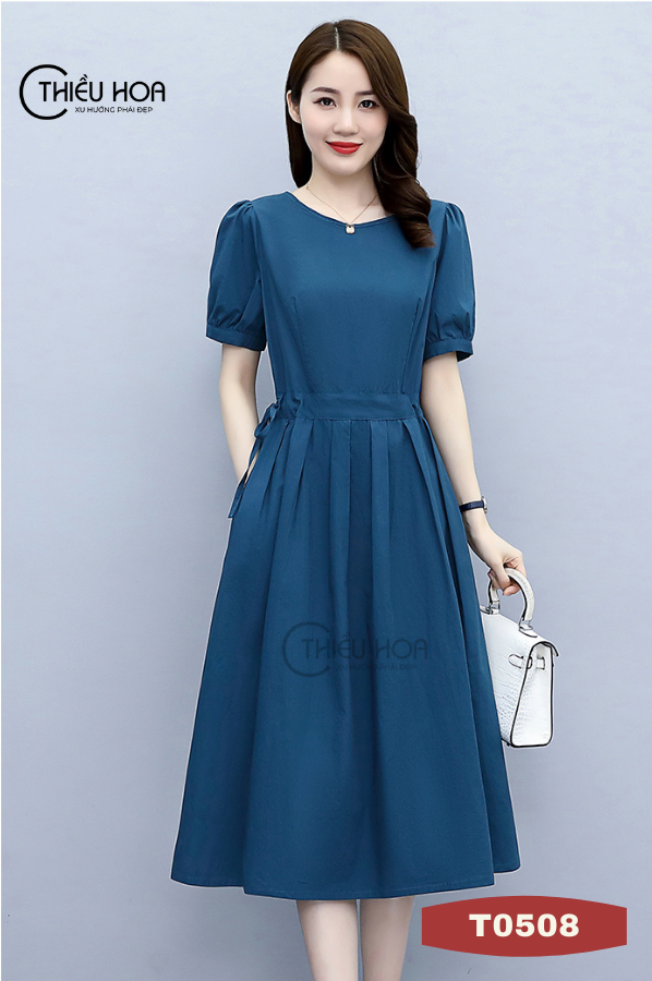 Đầm nữ trung niên, thiết kế trang nhã, thanh lịch, sang trọng, chất liệu cotton cao cấp Thiều Hoa T0508
