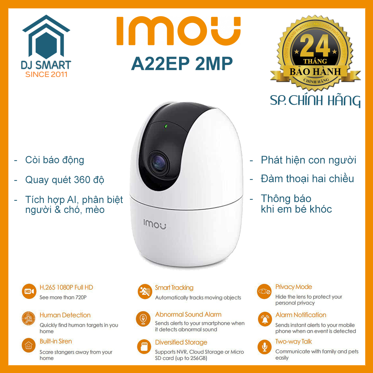 Kèm thẻ nhớ 64Gb - Camera IP Wifi IMOU A22 A22EP ranger 2 2023 2M Full HD, Xoay 360, thế hệ mới tích hợp AI phân biệt người và chó, mèo. Báo động chính xác khi có người xâm nhập, phát hiện trẻ em khóc, xem rõ nét ban đêm - BH 2 năm