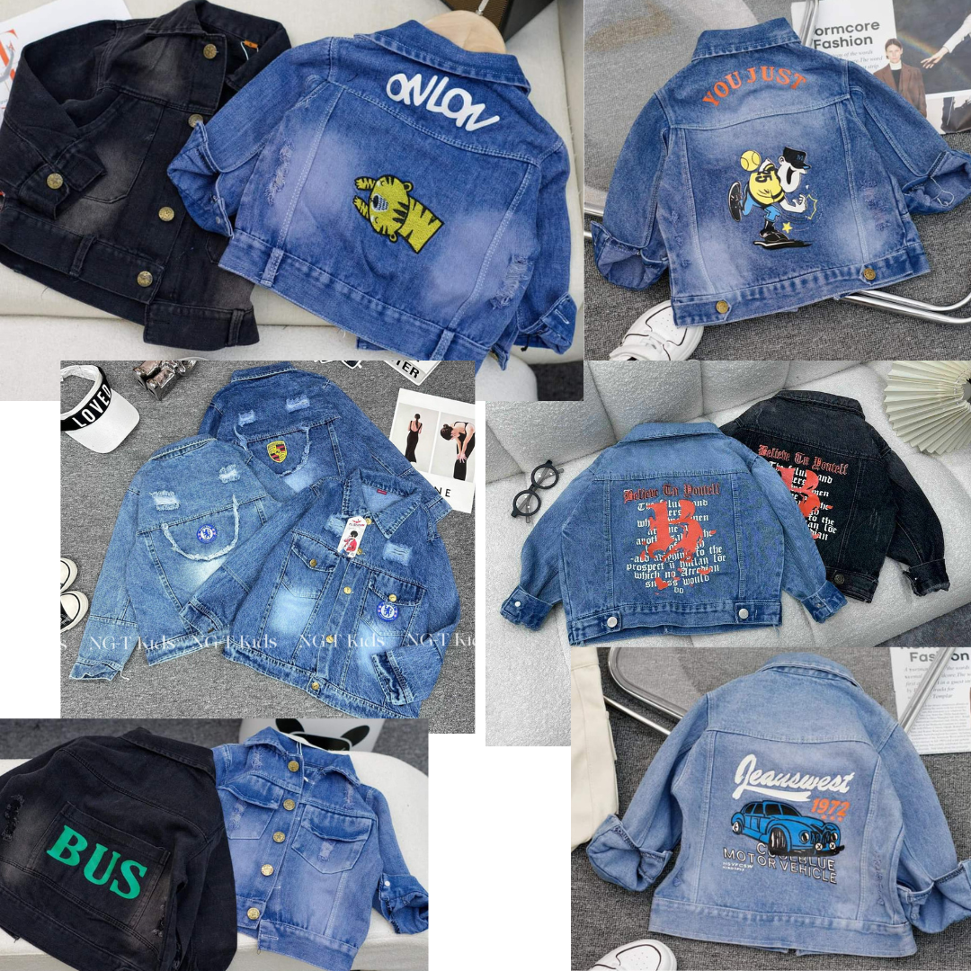 Áo khoác jeans phong cách sành điệu cho bé trai bé gái 8-45kg