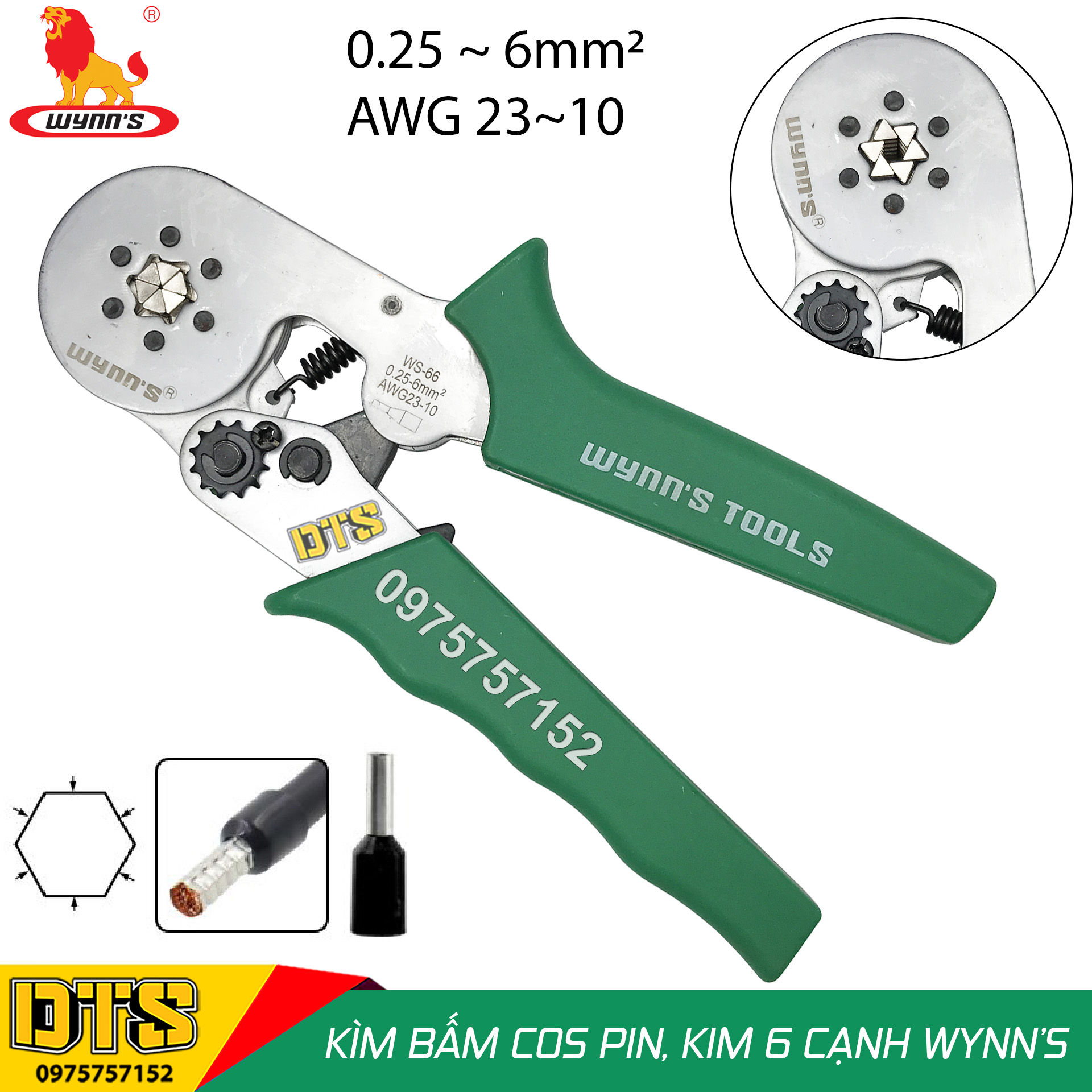 Kìm bấm cos lục giác trợ lực WYNN'S WS-66 0.25-6mm2 HSC8 6-6, tự điều chỉnh cos ống tròn, cos pin rỗng, độ chính xác cao, tiết kiệm lực, kềm bấm cốt 6 cạnh, kìm bấm cosse lục giác, kìm cos, kềm cos, cos ống tròn, cos pin rỗng