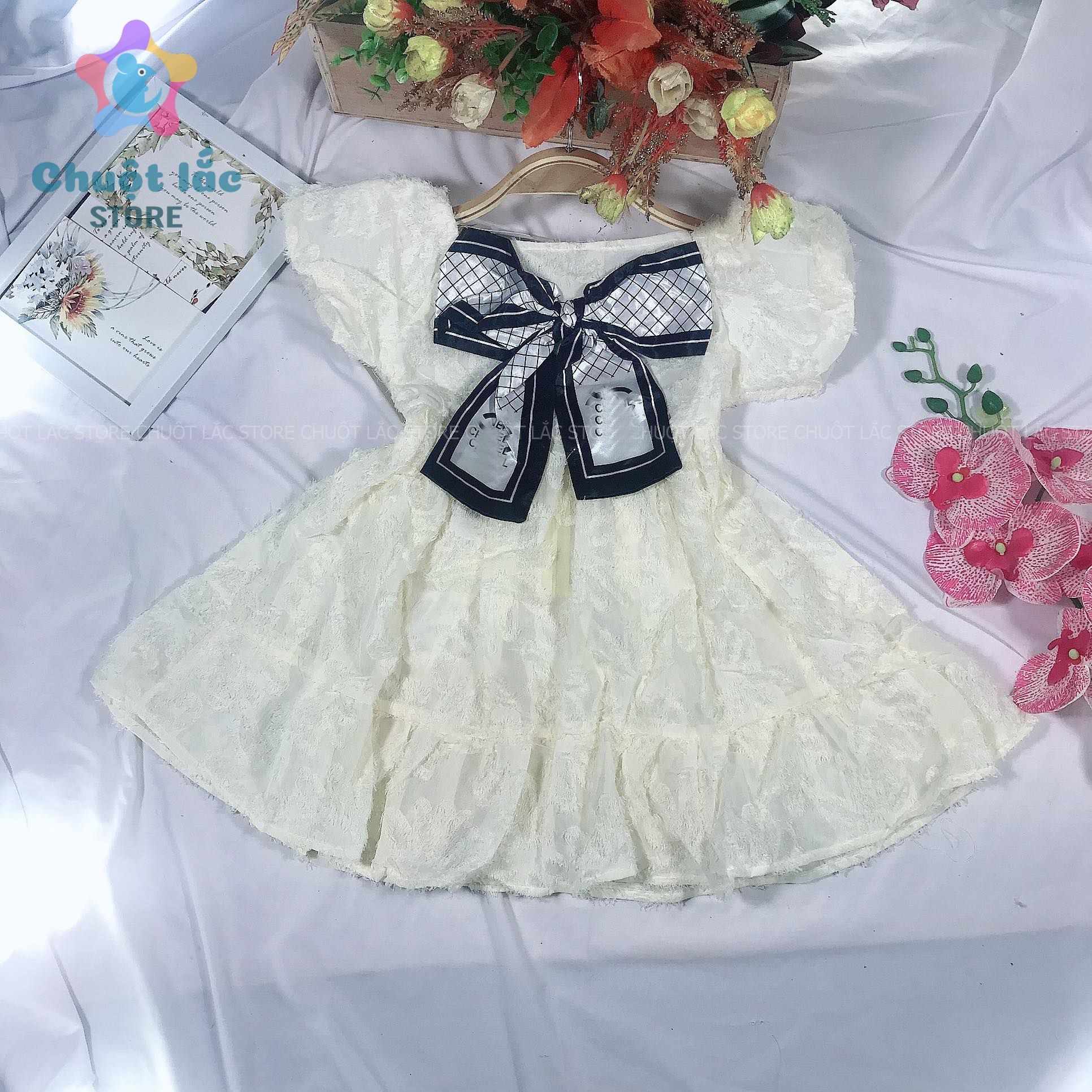 Đầm Váy Bé Gái Tay Phồng Chất Lông Vũ Kèm Nơ Lụa Rời 12kg Đến 25kg Màu Hồng, Kem