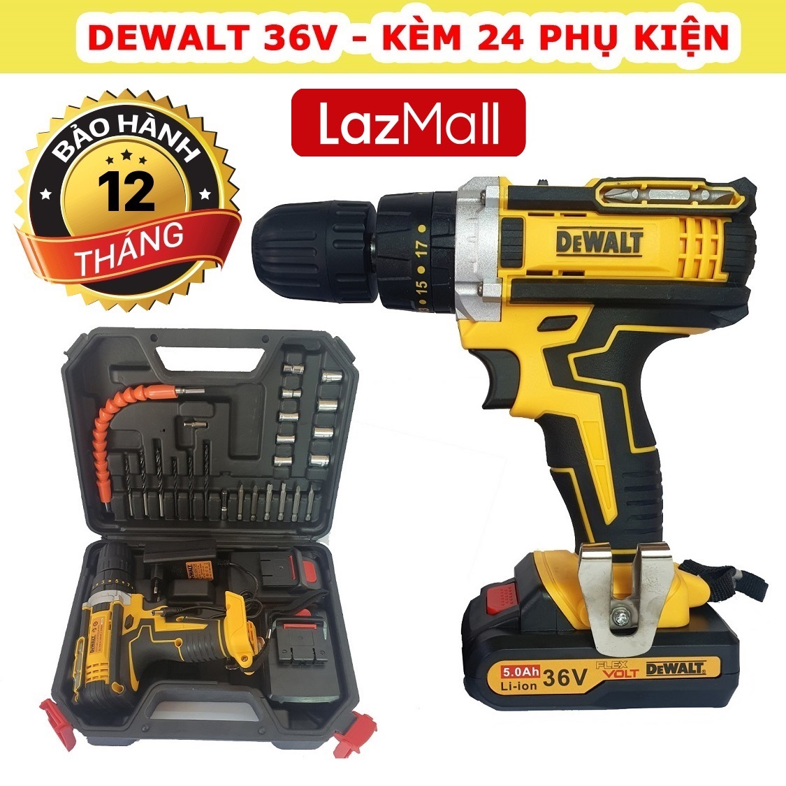 Máy Khoan Pin Dewalt 36V 3 Chức Năng - 2 Pin - Lõi Đồng 100% - Máy Khoan Tường , Bê Tông , Thép , Gỗ - Máy Bắt Vít,...Tặng Bộ 24 Phụ Kiện