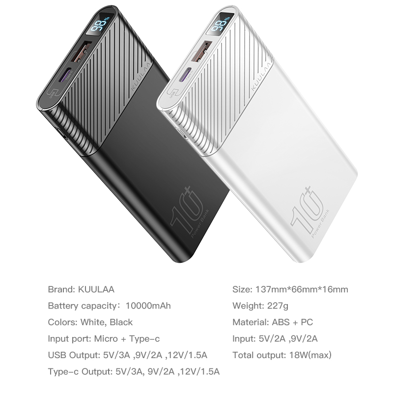 KUULAA Pin dự phòng 10000mAh 18W True Flash Sạc nhanh Sạc đầy Hỗ trợ sạc nhanh hai chiều QC PD3. 0 Màn hình LED mỏng và di động cho iPhone 11 Pro Xs Max X Huawei Samsung