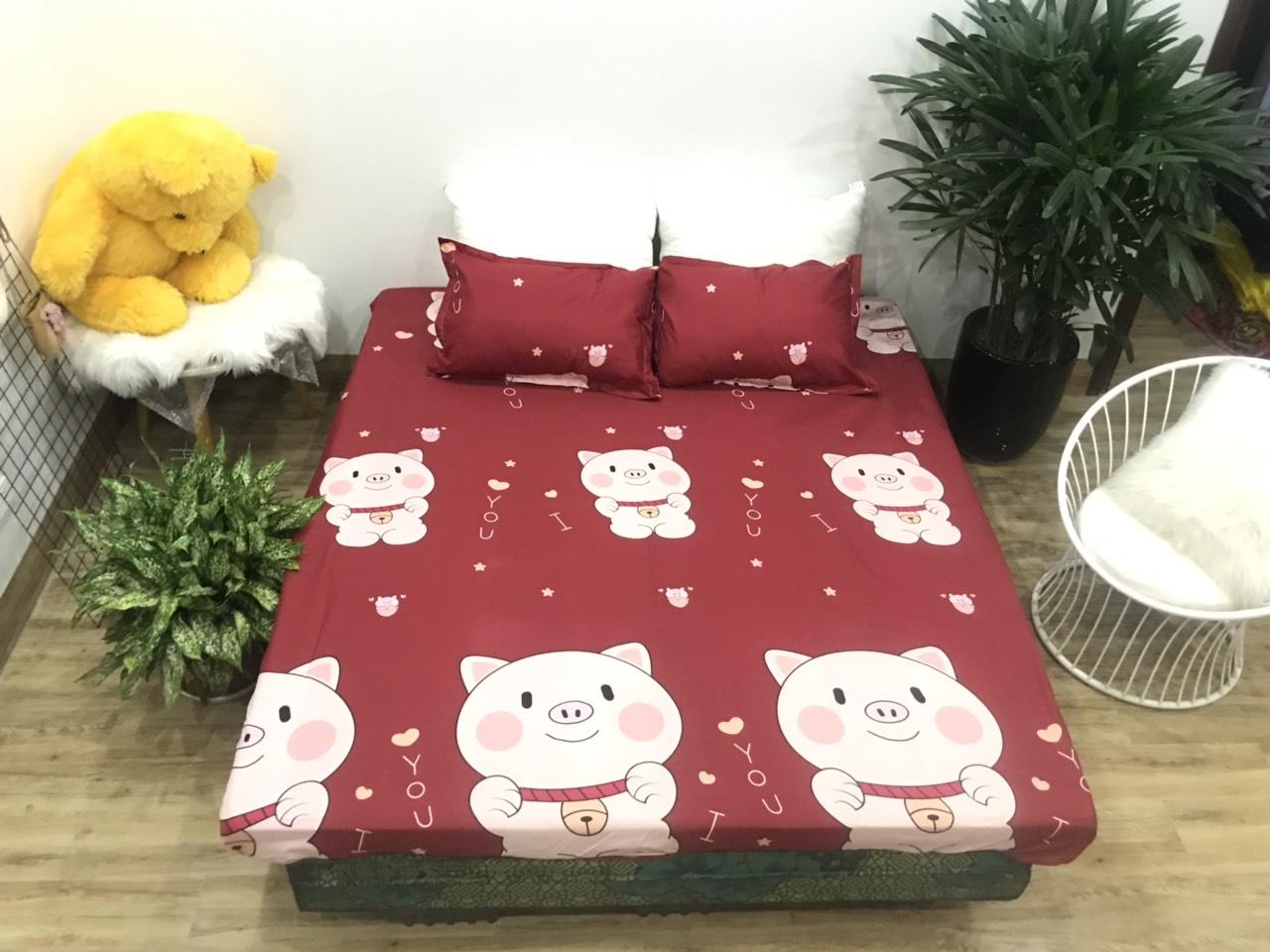 Bộ Ga Gối ( 1 Drap + 2 Vỏ gối nằm ) Poly Đỏ Heo SGG15