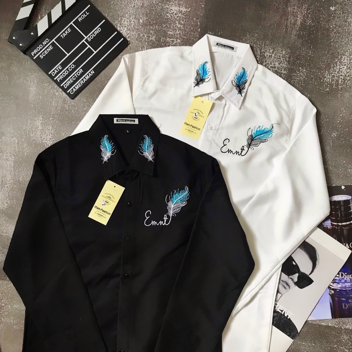 Áo sơ mi nam cao cấp sơ mi chiếc lá vải lụa đẹp phối trắng đen 2 màu thời trang