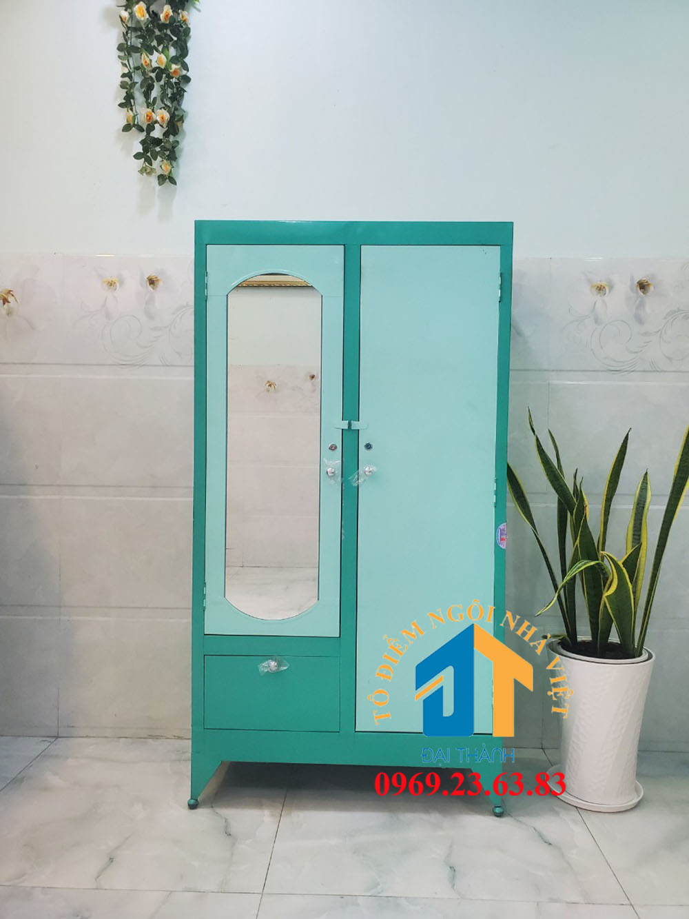 Tủ sắt quần áo cao 1m6 ngang 90cm màu xanh lá, có hộc và khóa kéo - Nội Thất Đại Thành
