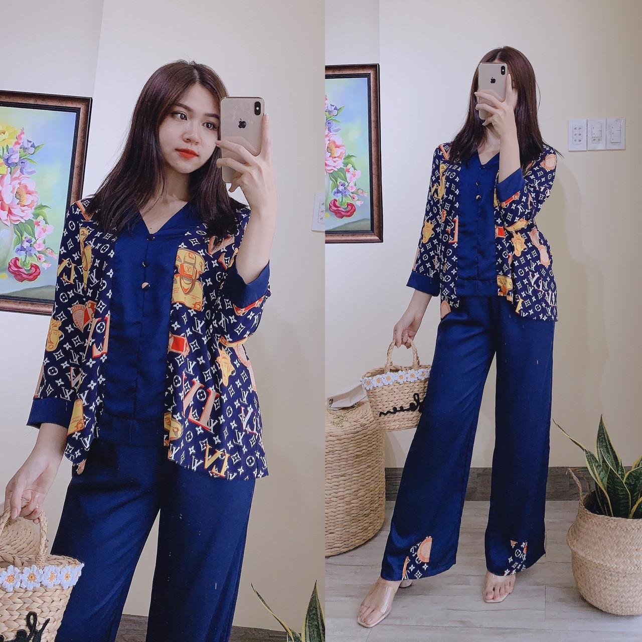 Sét bộ bà ba in hoa sen +quần ống rộng lụa mềm-TS