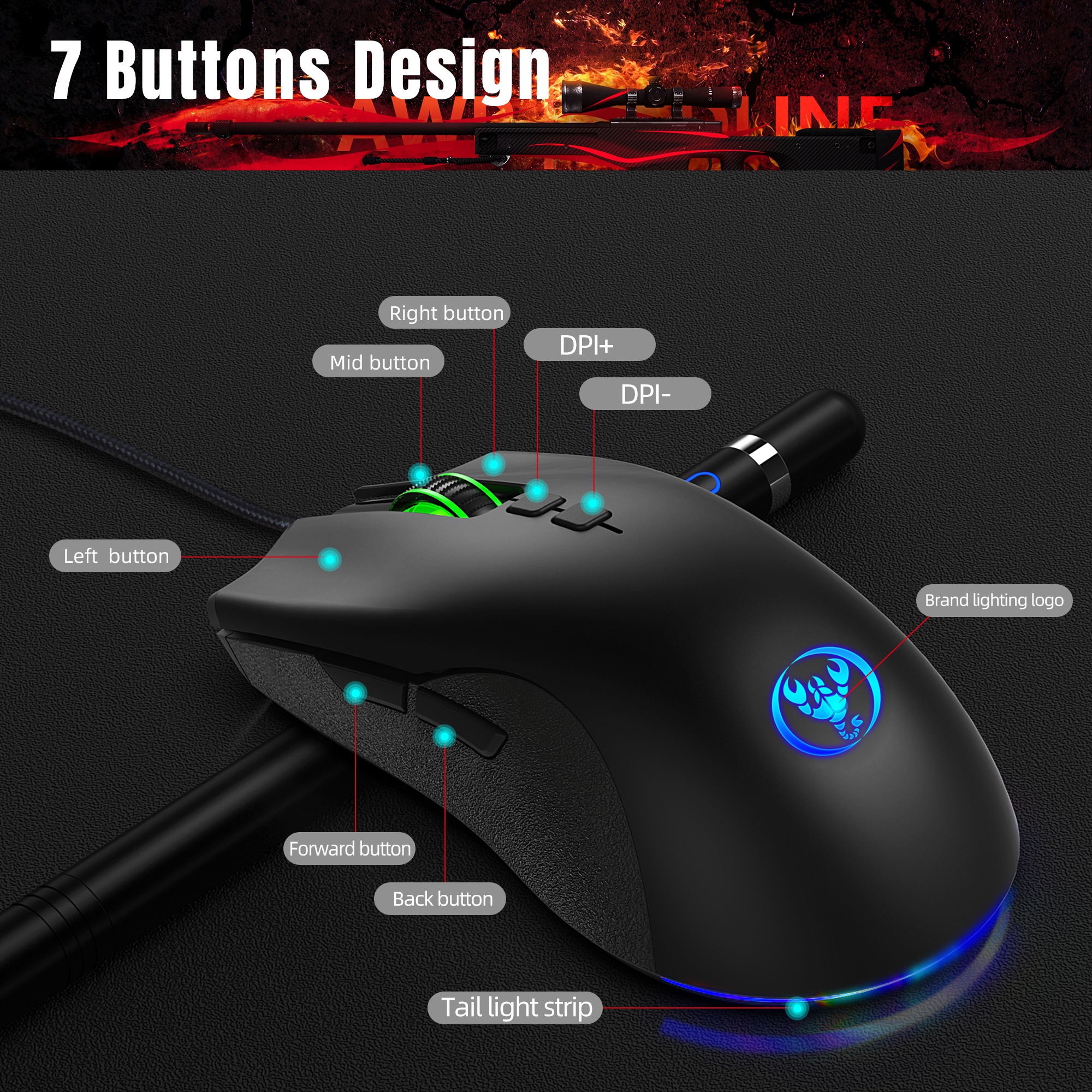hotx【DT】 A883 USB Mouse RGB Gamer Programmin Mouses with 4 Adjustable Ergonomic Design for Desktop
