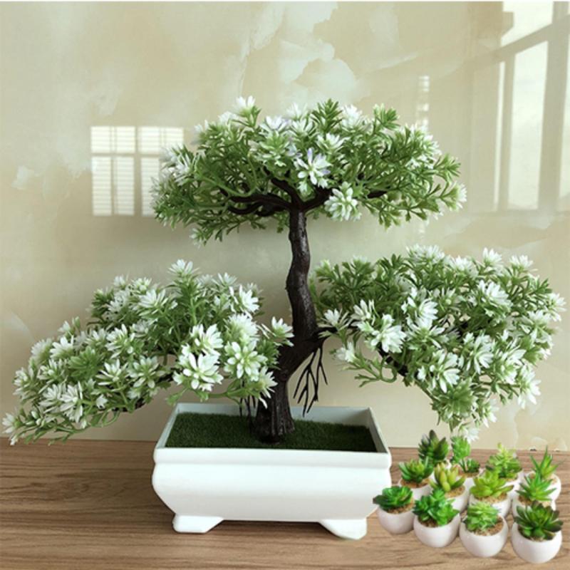KEJARYNew Ganoderma Tree Lotus Pine Tree Simulation Plant Flower Bonsai Set Small Potted Green Plant Home Decor Table Top Decoration Crafts