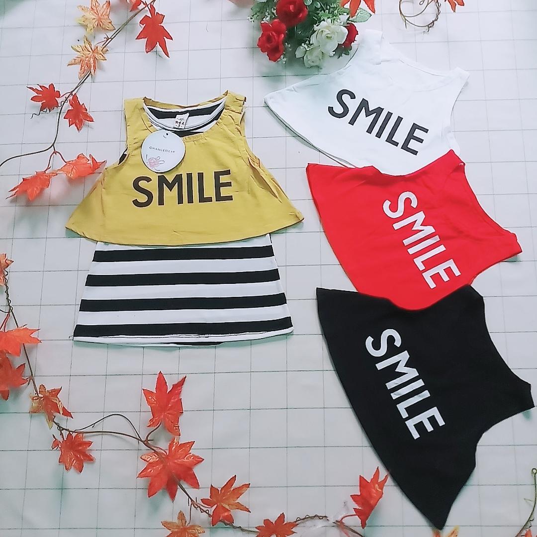 [HCM]Sét váy đầm bé gái 2 chi tiết chất thun cotton dày mịn in chữ Smile cho bé từ 7kg đến 16kg màu Trắng đen đỏ vàng( mẫu mới Tháng 3)