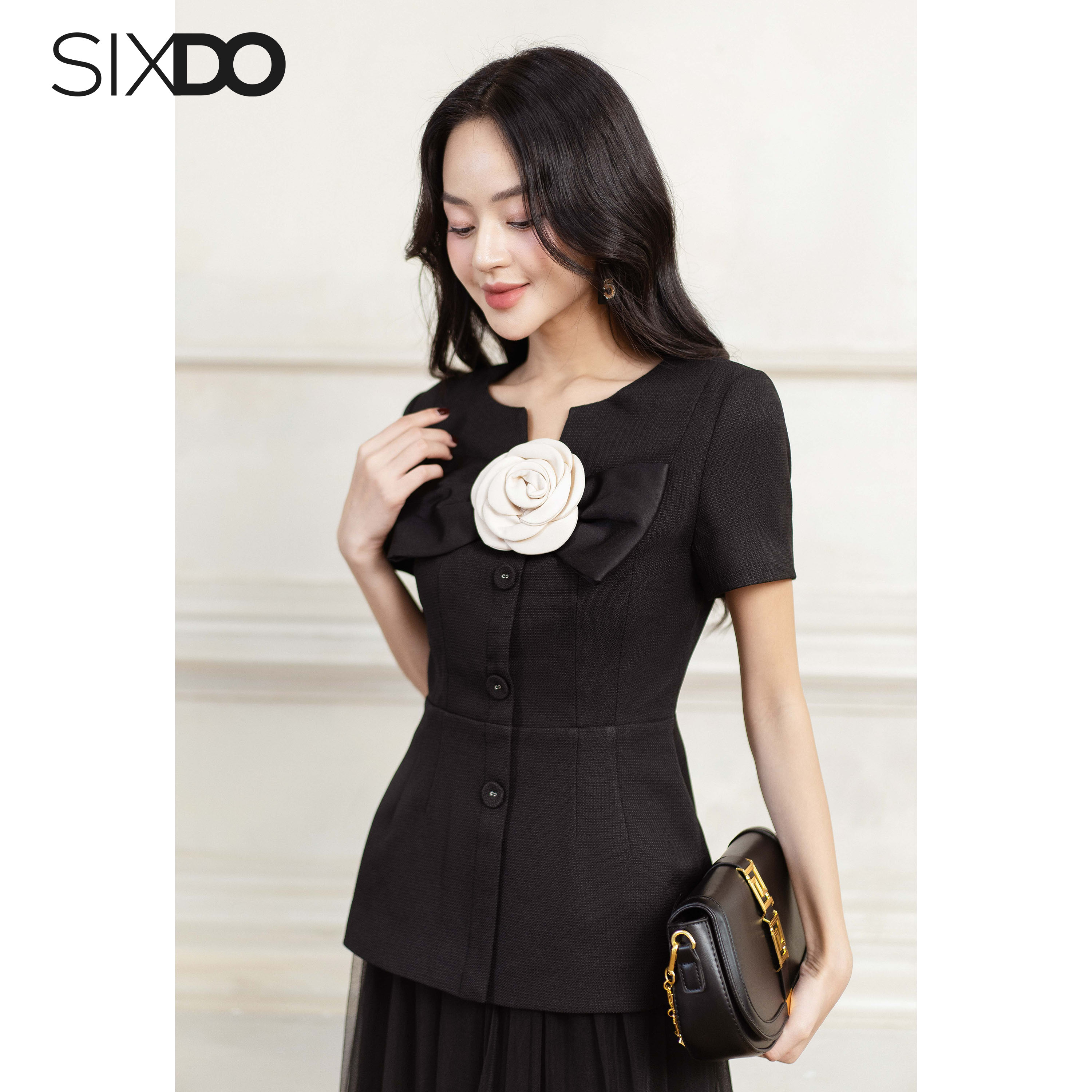 Áo Vest nữ cổ tròn phối nơ SIXDO (Black Bowtie Raw Vest)