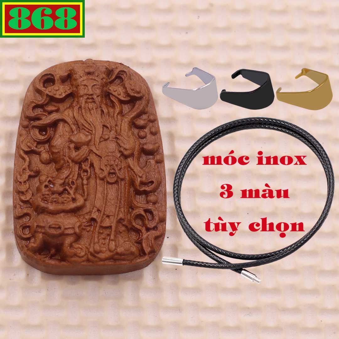 Mặt dây chuyền Thần tài gỗ đào kèm vòng cổ dây cao su đen + móc inox, mặt dây chuyền tài lộc, mặt dây chuyền phong thủy, mặt dây chuyền gỗ