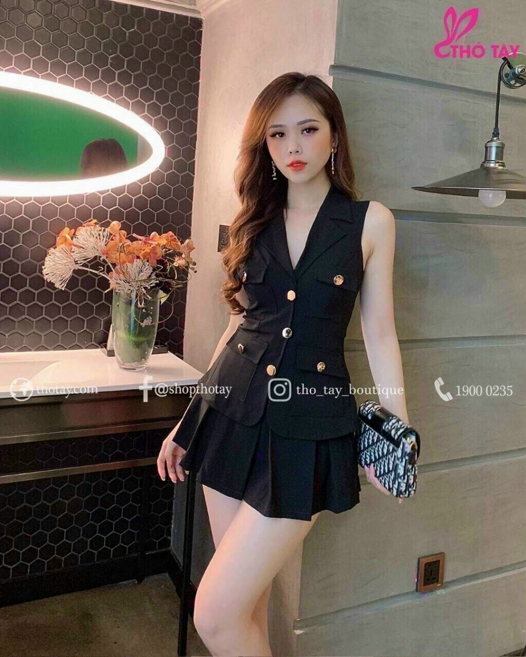 [HCM]Set vest và chân váy có lót phối nút thời trang trẻ trung nặng động qcs