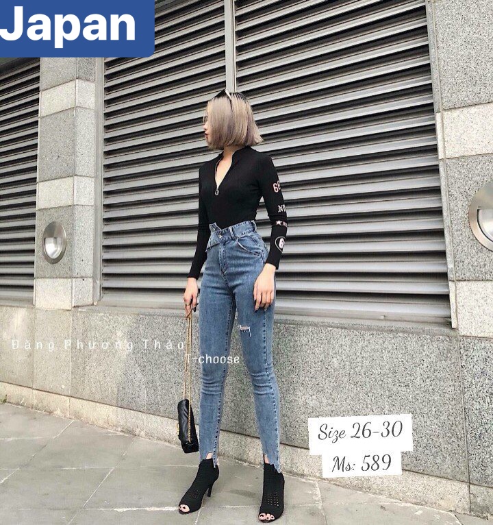 QUẦN JEAN NỮ CHẤT BÒ XANH RÁCH NƠ CHÉO SÀNH ĐIỆU NHẬT BẢN LƯNG CAO NÂNG MÔNG JP-589 JAPAN FASHION