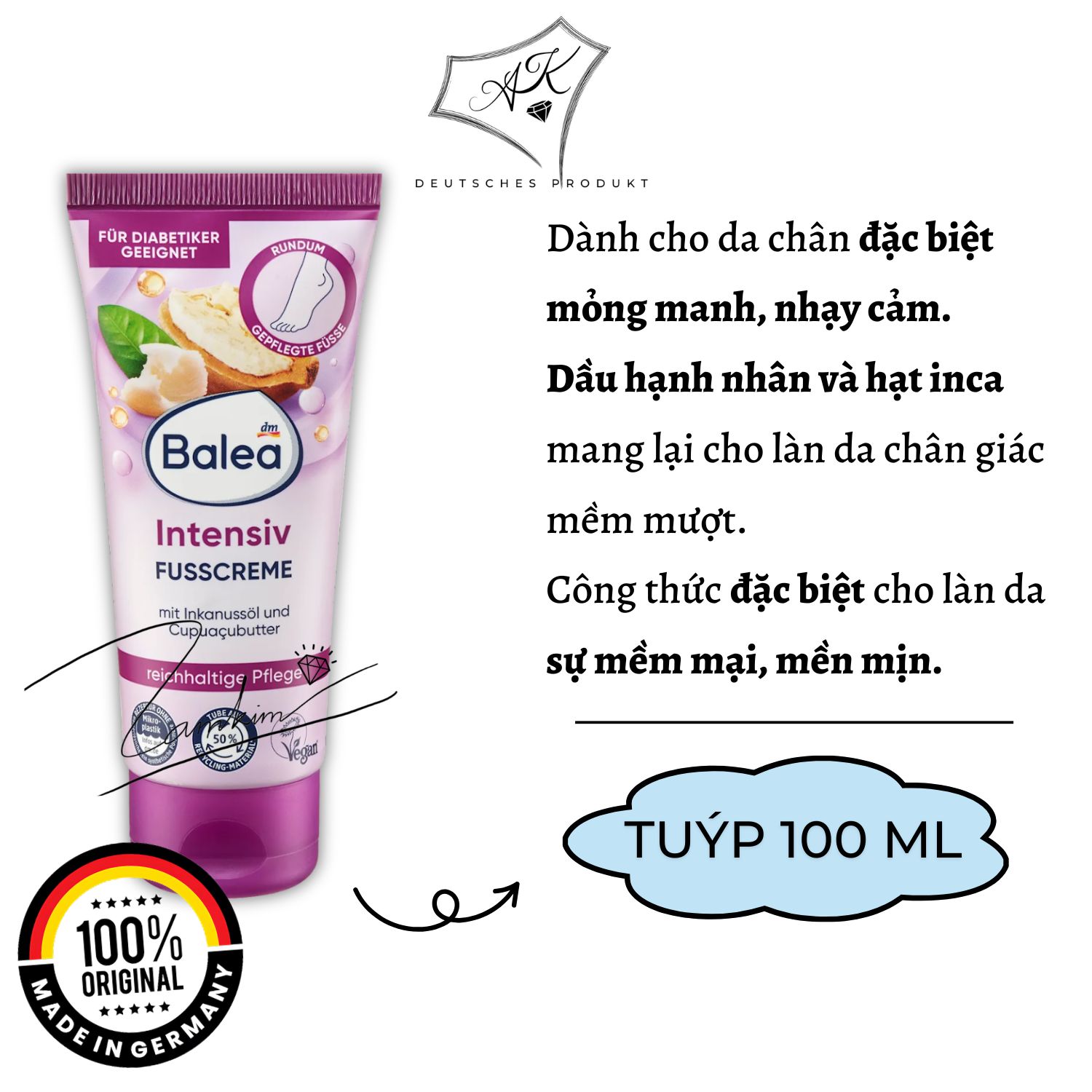 [ Hàng Đức ] Kem dưỡng da chân Balea tinh dầu bạc hà - 100ml