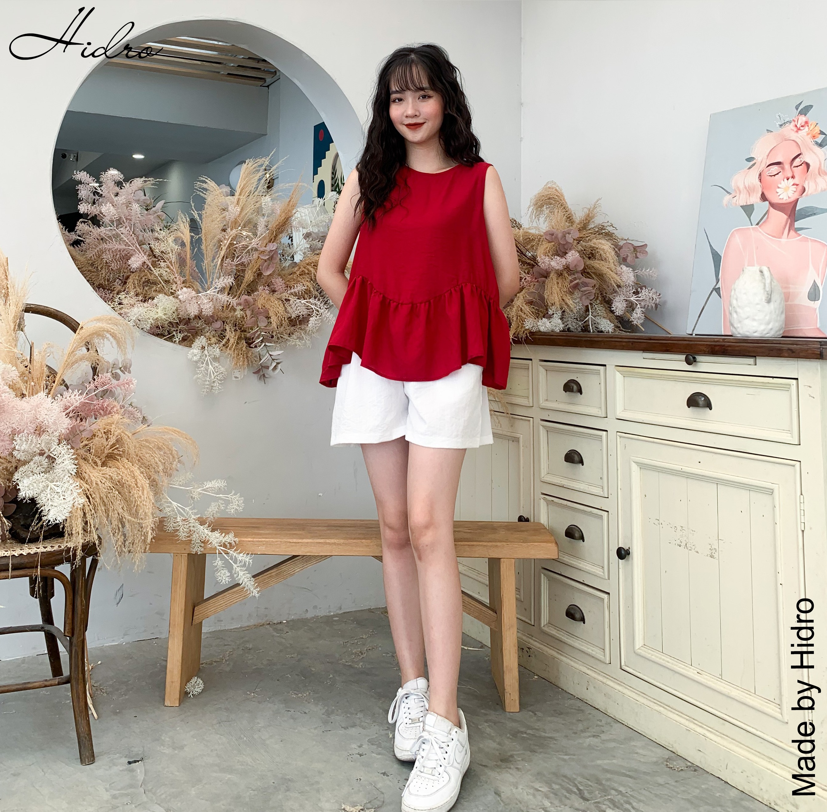 HIDRO Set áo đuôi bèo mix quần đũi trắng