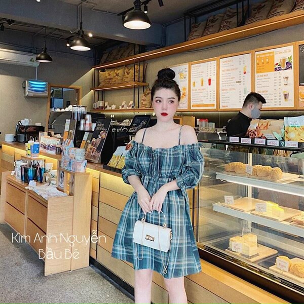 Đầm caro trễ vai nhún ngực dễ thương xinh xắn