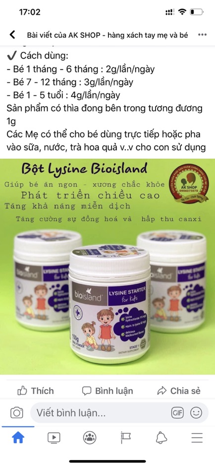 Lysine Bột 150G Bio Island Hàng