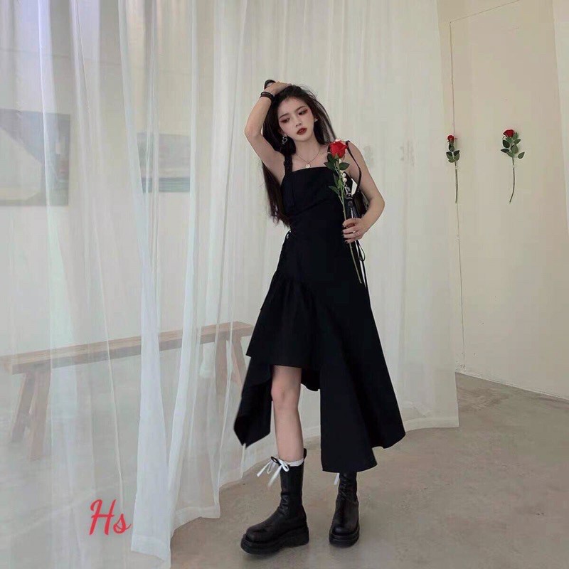 [FREESHIP] váy 2 dây đen dáng xoè eo Đan dây oze Hs