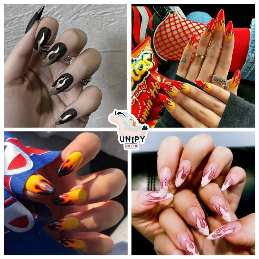 Móng Giả | Set 24 Móng Tay Giả Lửa Kèm Dũa Keo Dán Móng