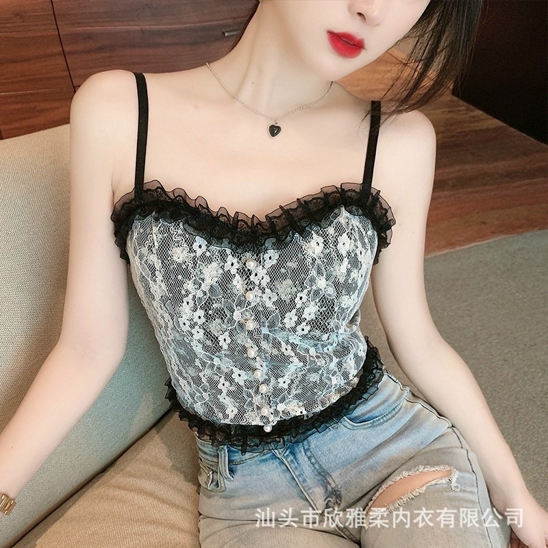 Áo ren viền bèo cúc ngọc tiểu thư
