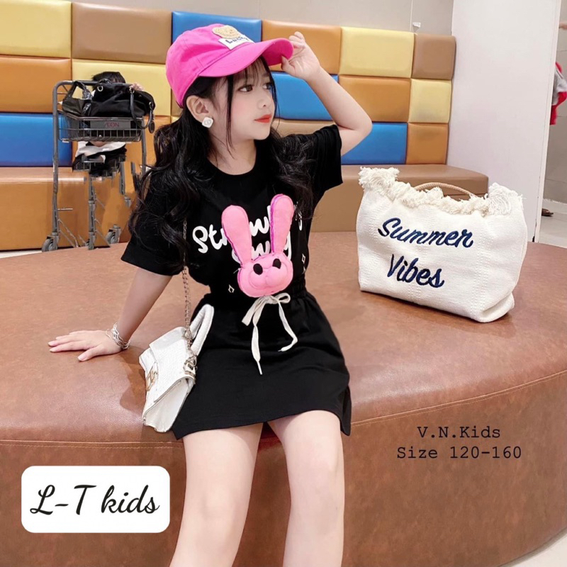 Sét áo váy cotton có lót quần kèm thỏ xinh
