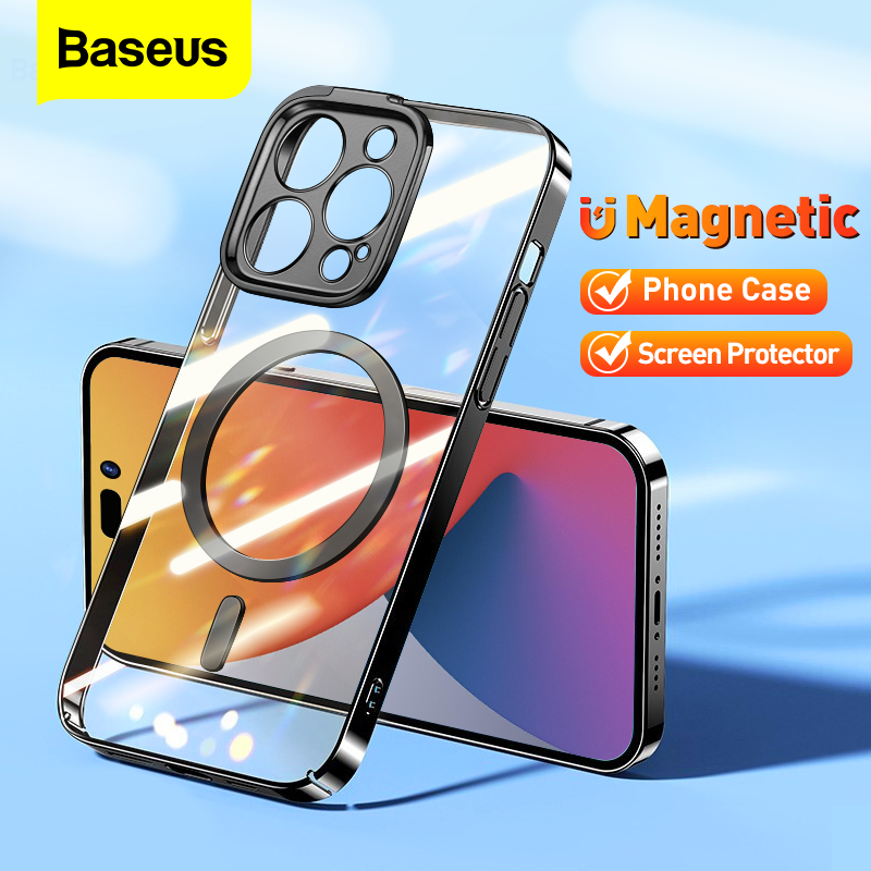 Baseus Magnetic Plating Case + Screen Protector For iPhone 14 Pro Max 2022 New Protective Phone Case Transparent Shockproof Magnet Back Cover Funda