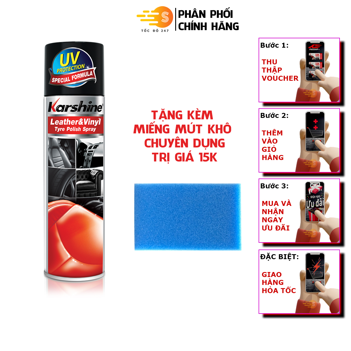 Chai xịt chăm sóc và bảo dưỡng nội thất ô tô Karshine 500ml - Tốc Độ 247, Tạo lại độ bóng và chống lão hóa cho da, nhựa và cao su của nội thất xe