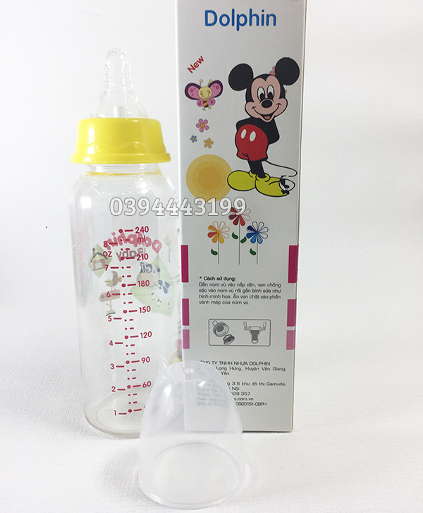 [Tặng 1 Núm Ty] Bình Sữa Cổ Hẹp PC 250ml Dolphin - Hàng Công Ty-DP017